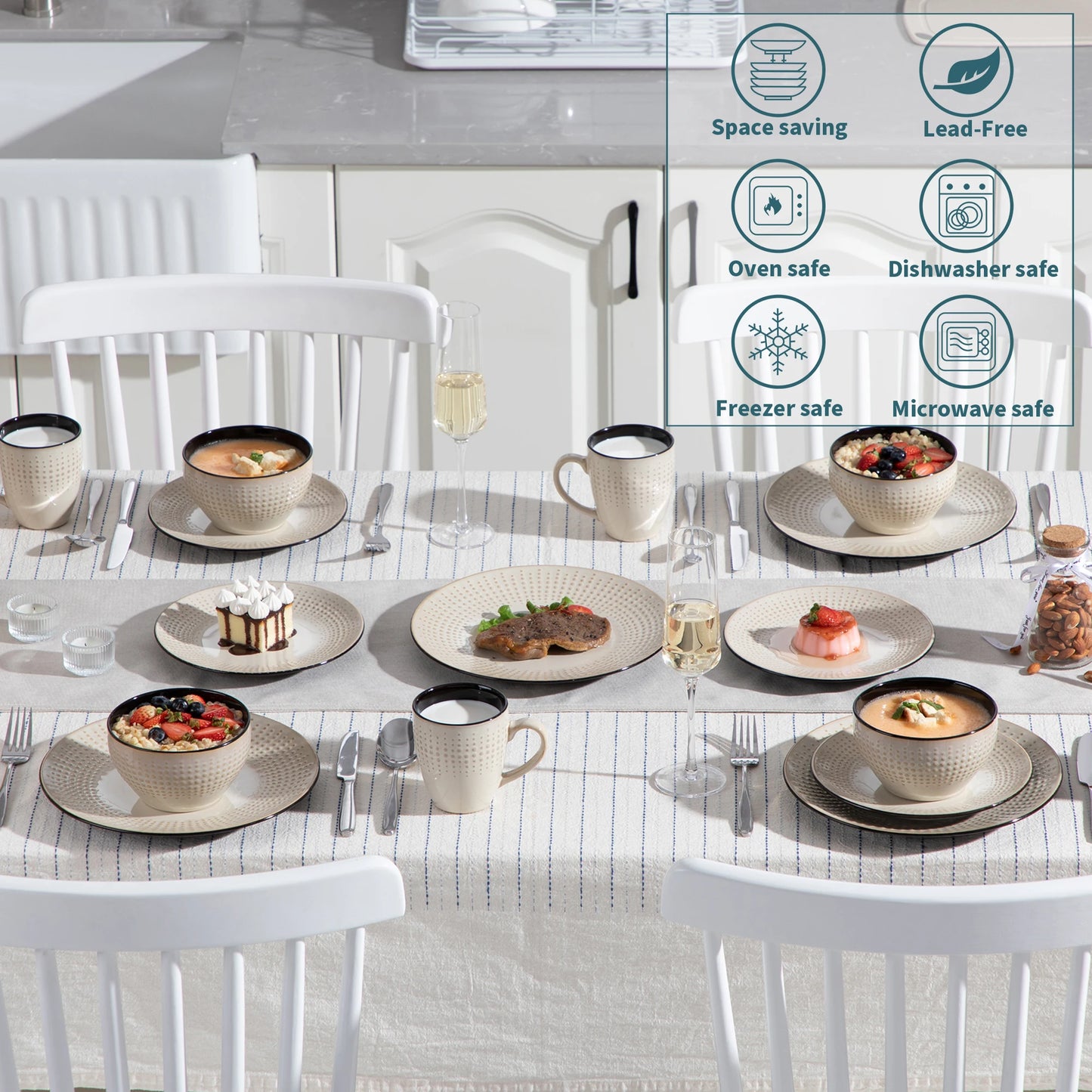 The Guto Earth Collection: Sculpted Raindrop Relief Stoneware in Sandy Beige | 16, 32, or 48-Piece