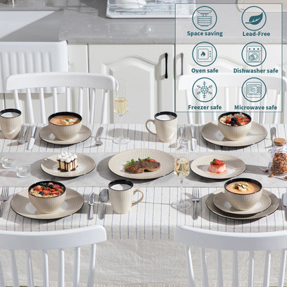 The Guto Earth Collection: Sculpted Raindrop Relief Stoneware in Sandy Beige | 16, 32, or 48-Piece