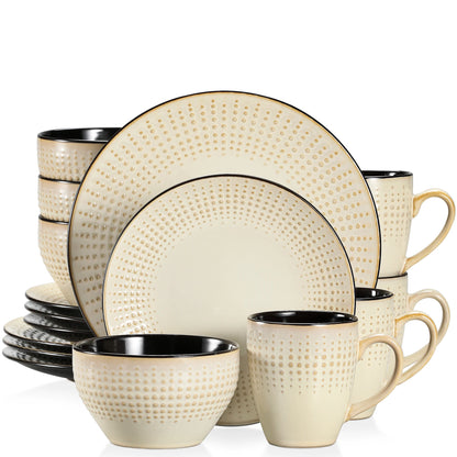 The Guto Earth Collection: Sculpted Raindrop Relief Stoneware in Sandy Beige | 16, 32, or 48-Piece