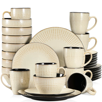 The Guto Earth Collection: Sculpted Raindrop Relief Stoneware in Sandy Beige | 16, 32, or 48-Piece